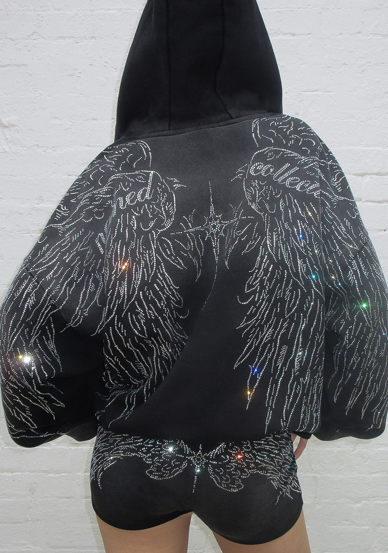 FALLEN FAUX FUR RHINESTONE ZIP HOODIE WASHED BLACK (DETACHABLE FUR)