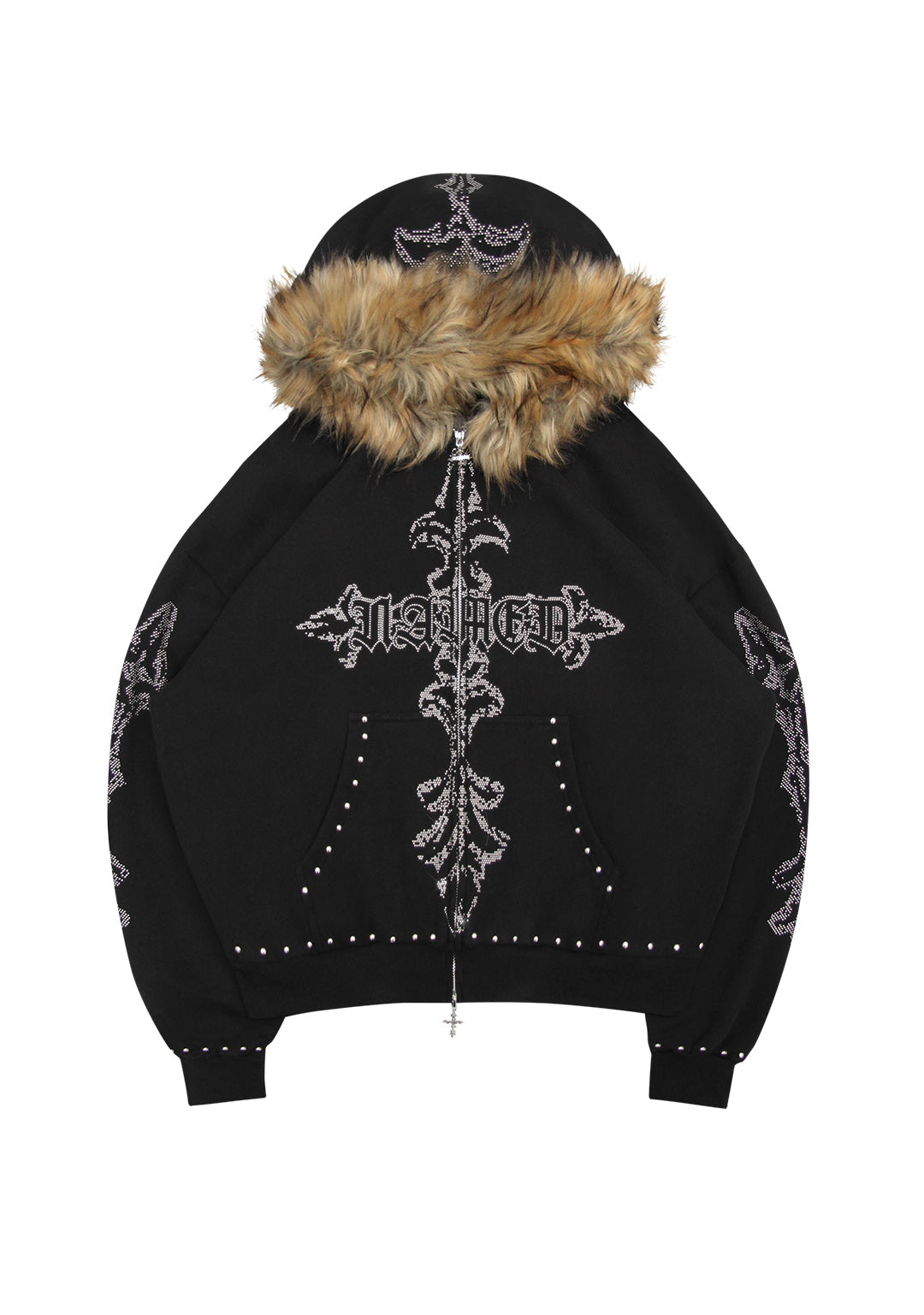 FERAL FAUX FUR STUDDED ZIP HOODIE BLACK (DETACHABLE FUR)