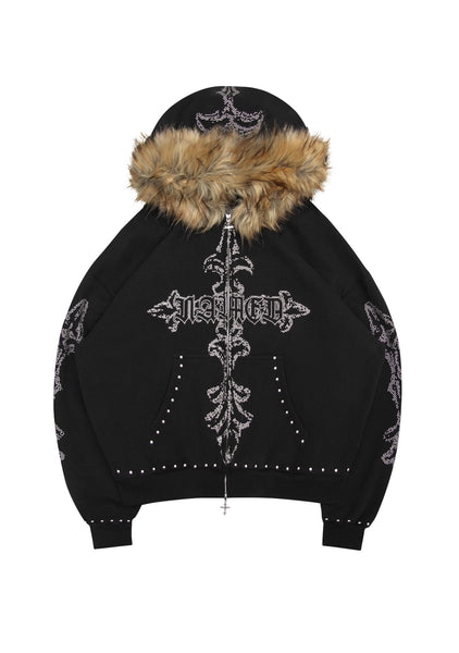 Feral Faux Fur Studded Zip Hoodie Black (Detachable Fur) – NAMED