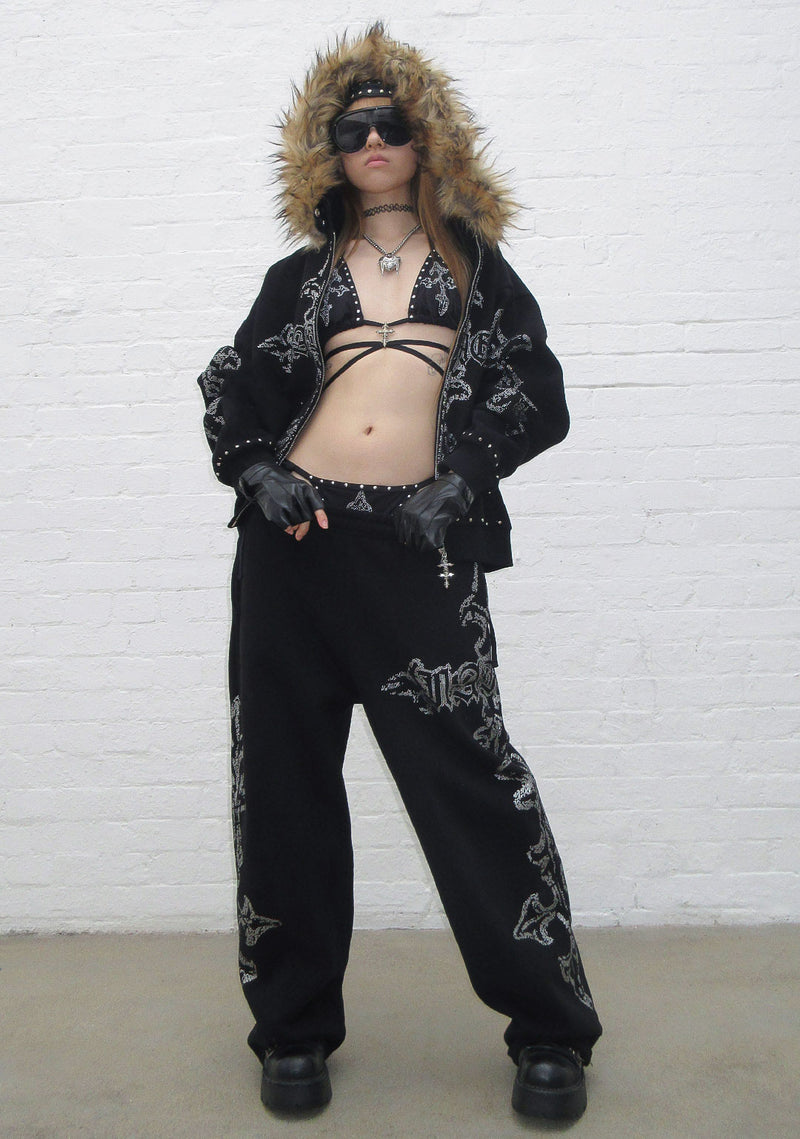 FERAL FAUX FUR STUDDED ZIP HOODIE BLACK (DETACHABLE FUR)
