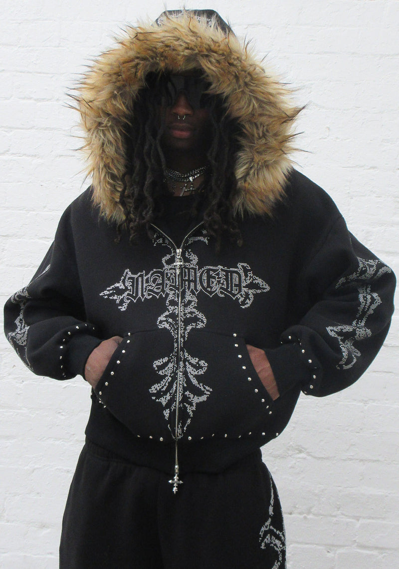 FERAL FAUX FUR STUDDED ZIP HOODIE BLACK (DETACHABLE FUR)