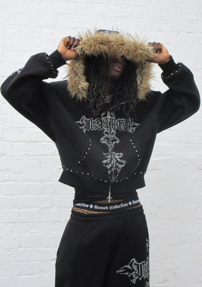 FERAL FAUX FUR STUDDED ZIP HOODIE BLACK (DETACHABLE FUR)