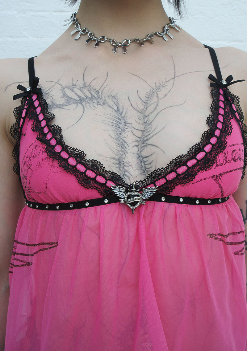 FLIRT RHINESTONE SHEER MESH CAMI TOP HOT PINK