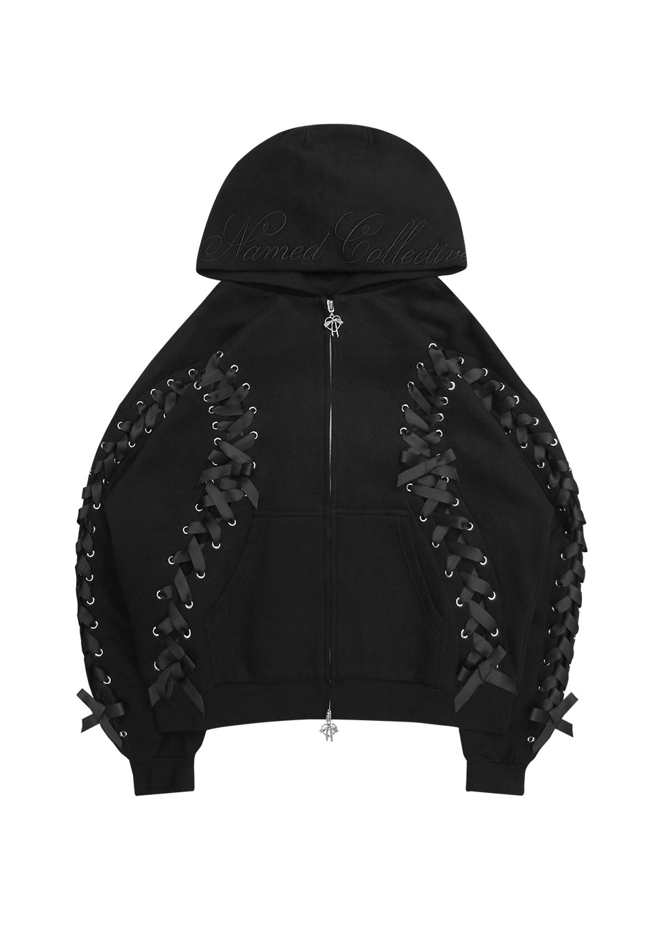 GHOST LACE UP CORSET ZIP HOODIE BLACK