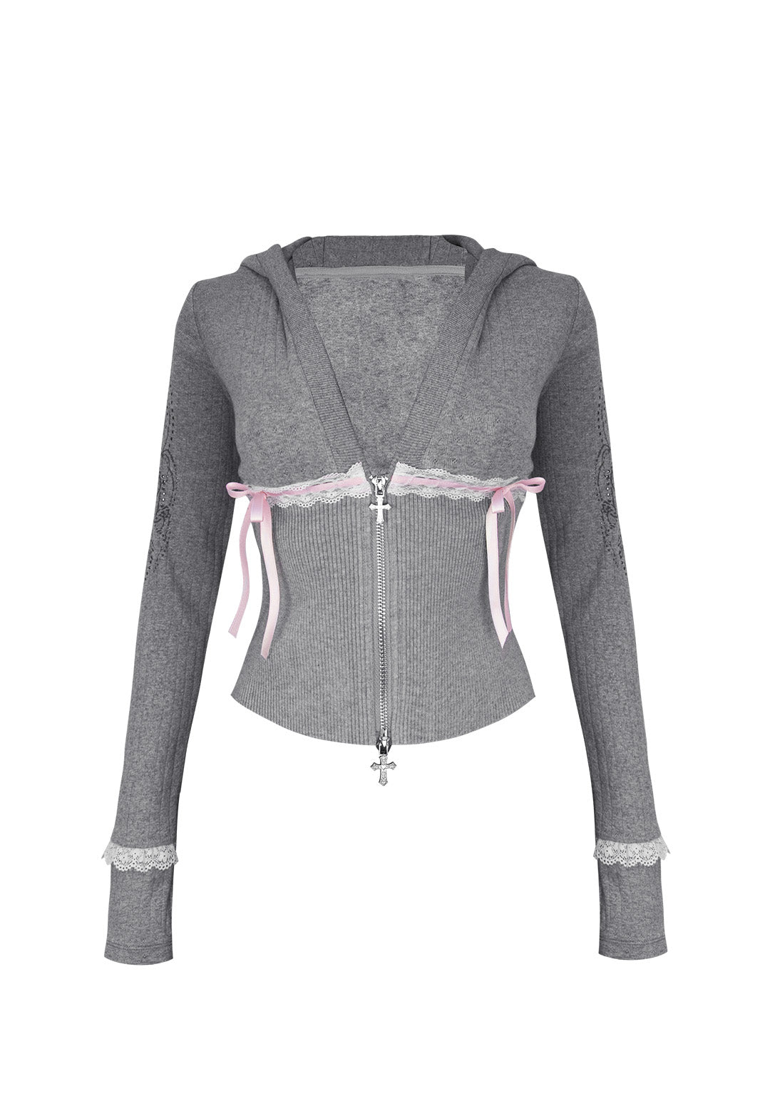 WHISPER RIBBON POINTELLE SCULPT HOODIE GREY MARL