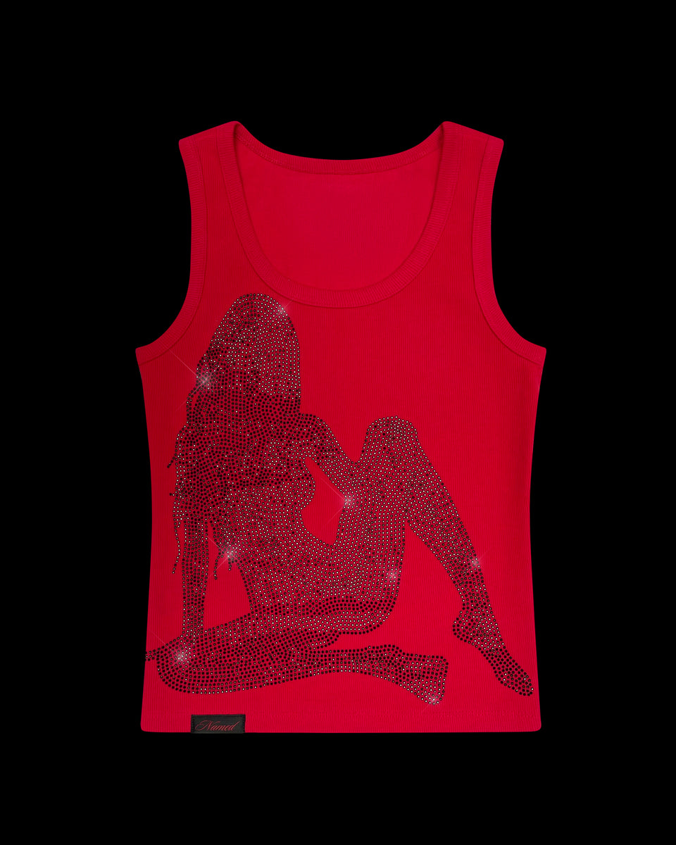 EXPLICIT RHINESTONE RIBBED TANK RED