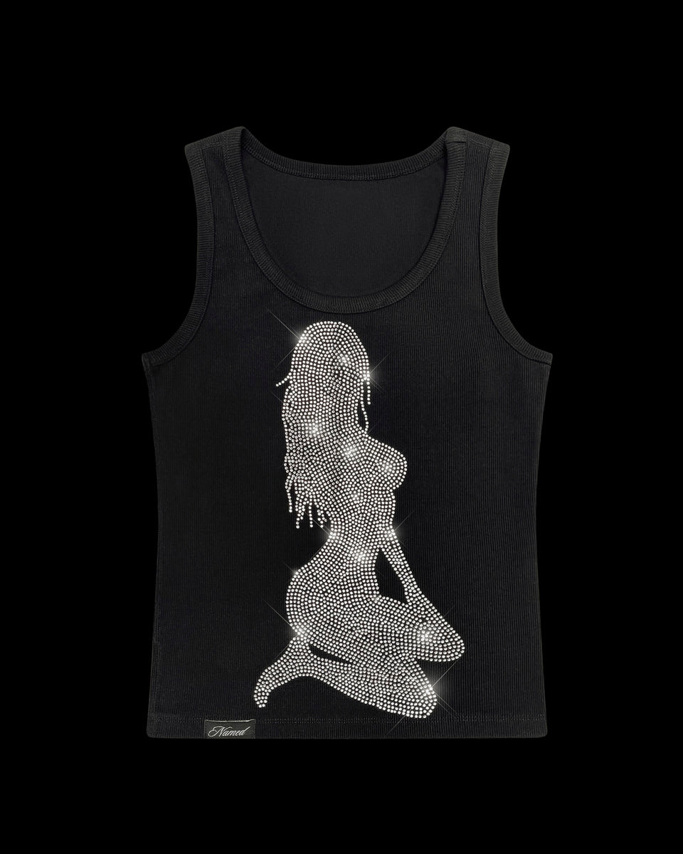 EXPLICIT RHINESTONE RIBBED TANK BLACK