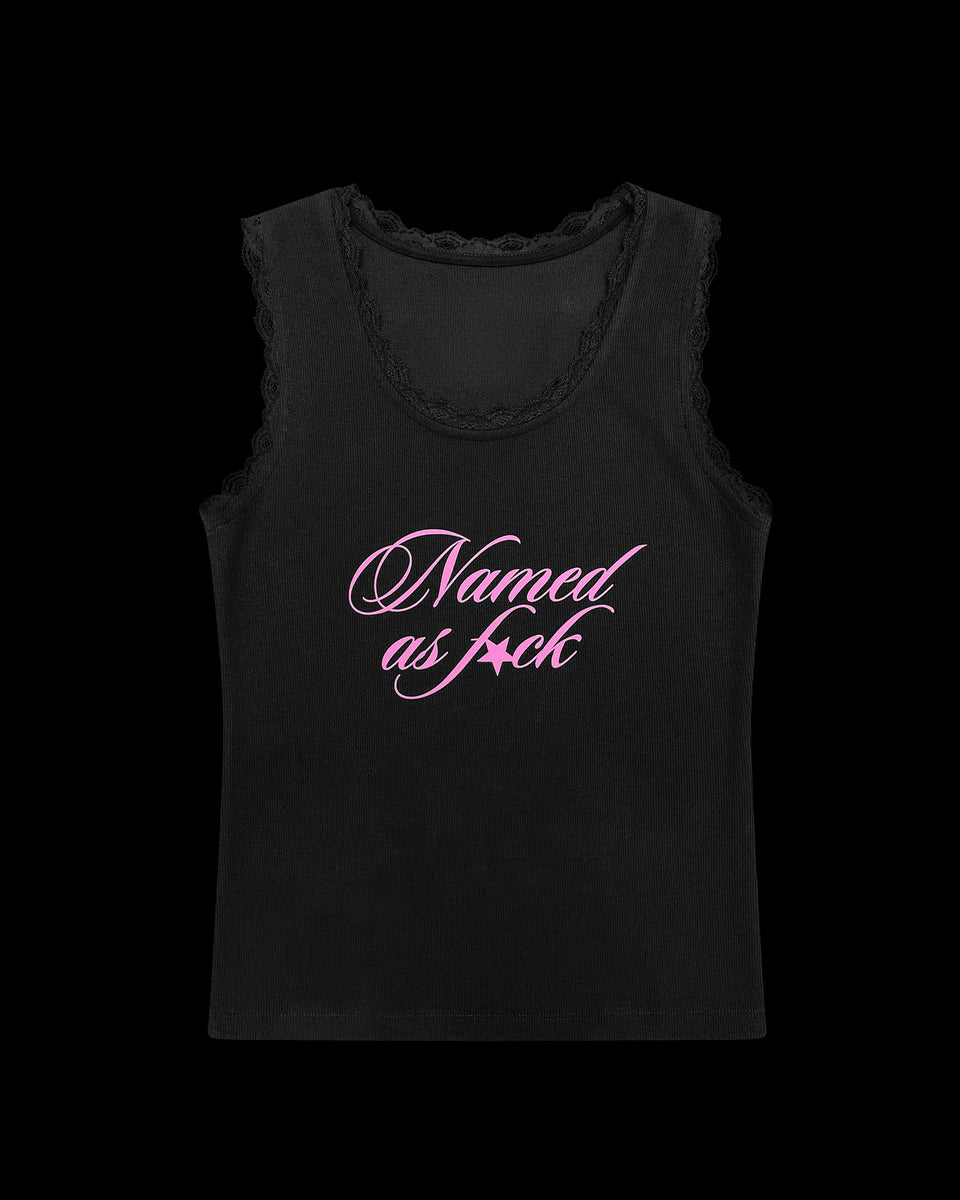 'NAMED AS FUCK' LACE RIBBED TANK BLACK