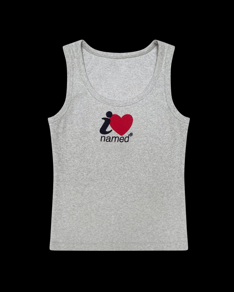 I <3 NAMED EMBROIDERED RIBBED TANK GREY MARL