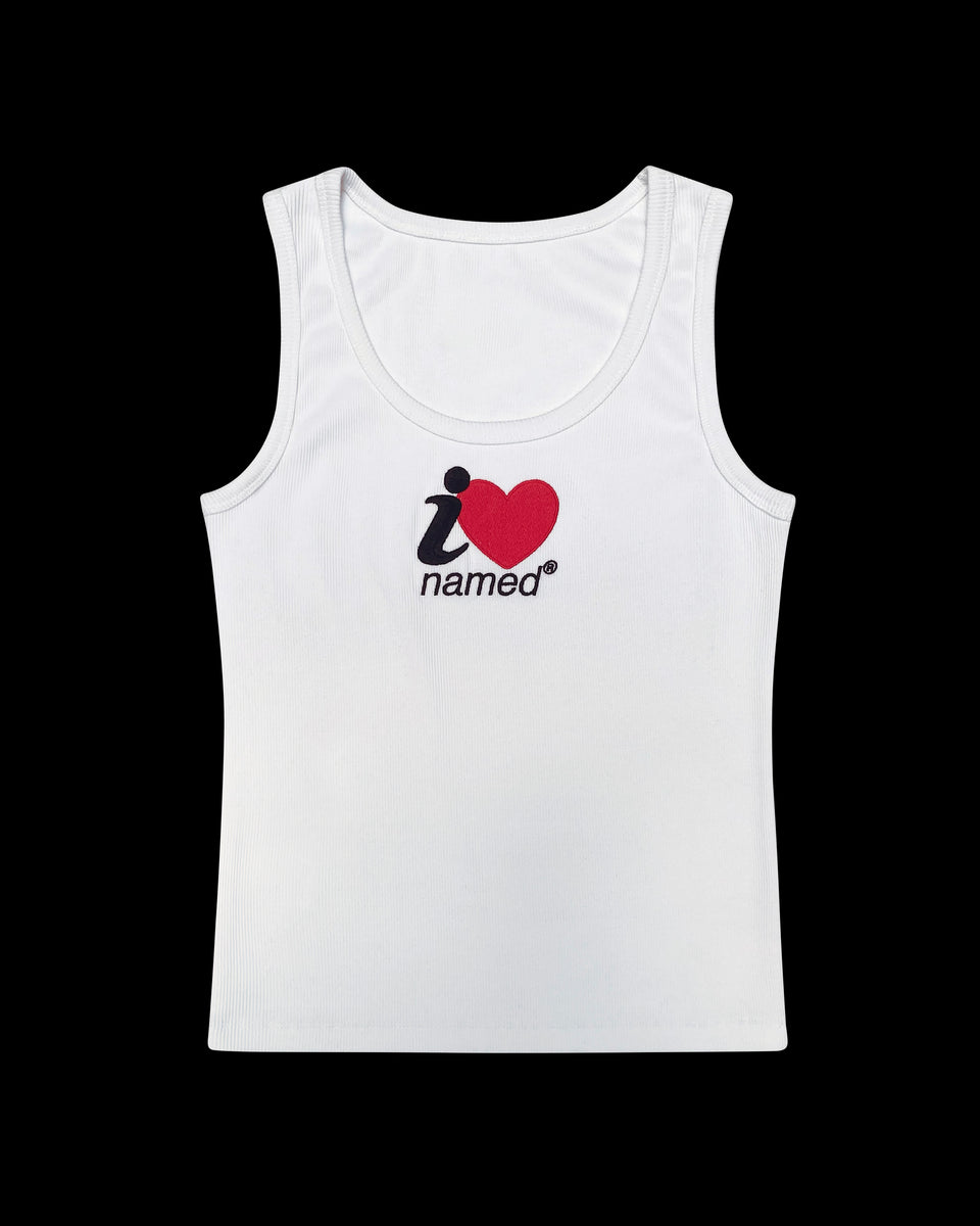 I <3 NAMED EMBROIDERED RIBBED TANK WHITE