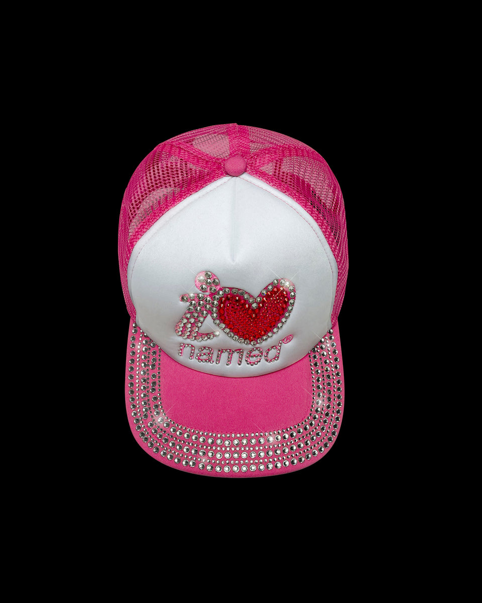 I <3 NAMED RHINESTONE TRUCKER HOT PINK