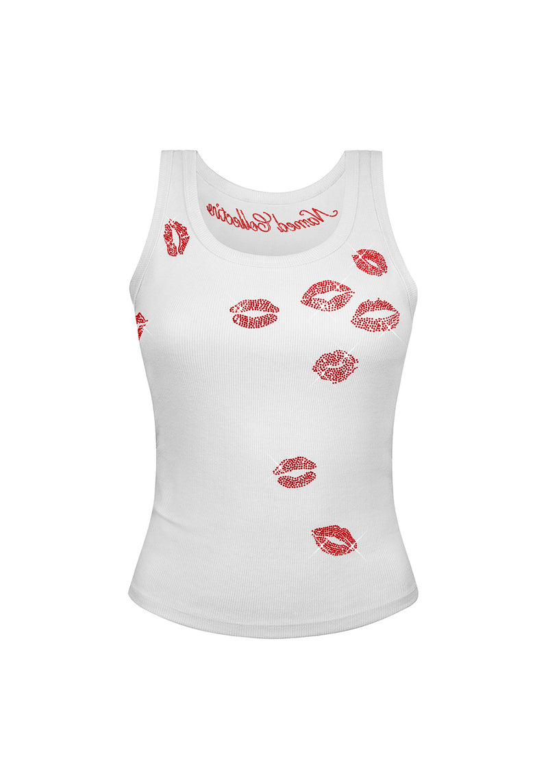 KISSES RHINESTONE RIBBED TANK WHITE