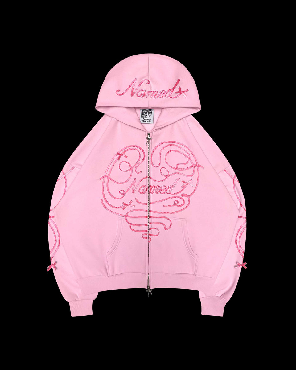 LUST RIBBON ZIP HOODIE BABY PINK