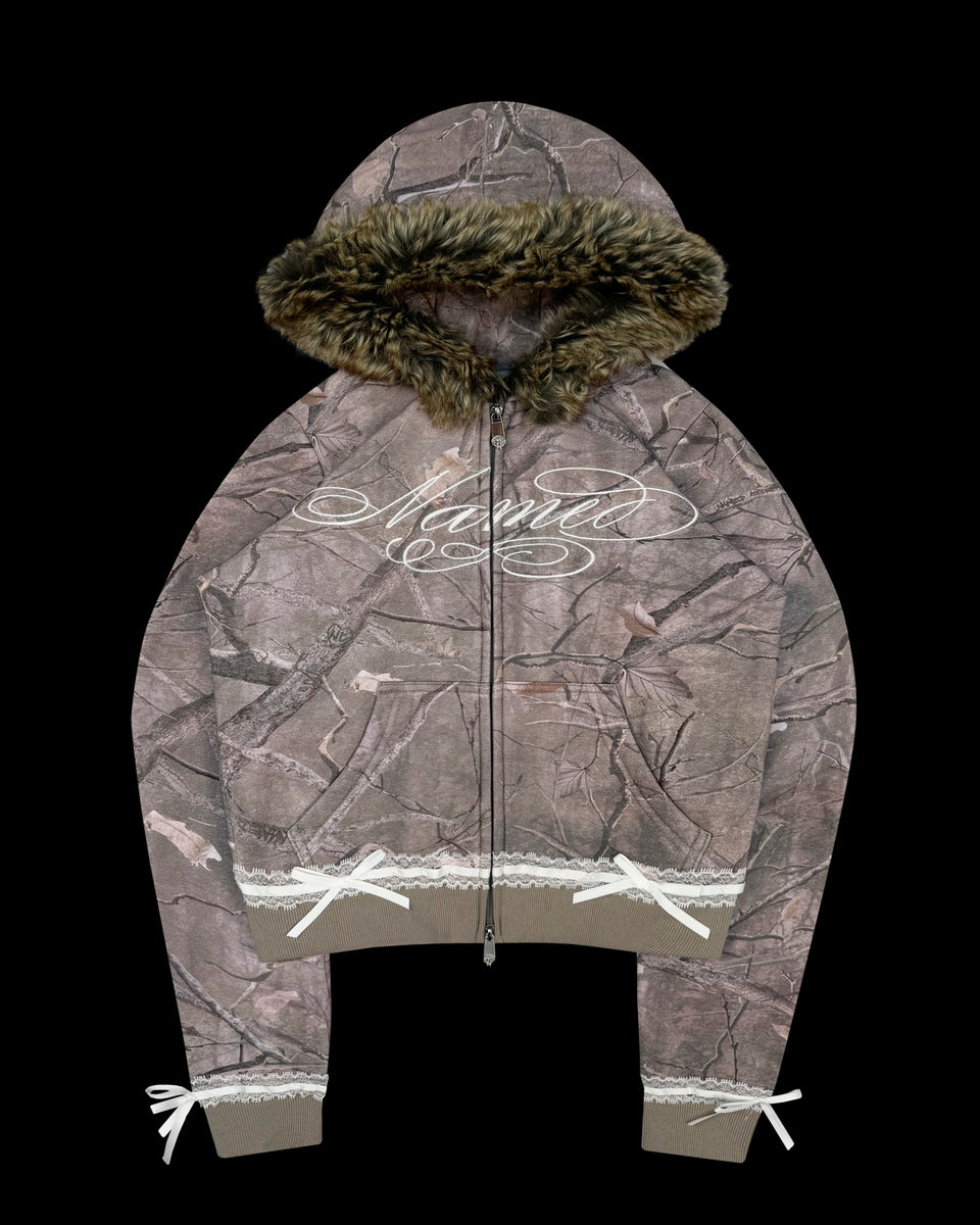 PREY FAUX FUR FITTED ZIP HOODIE TREE CAMO