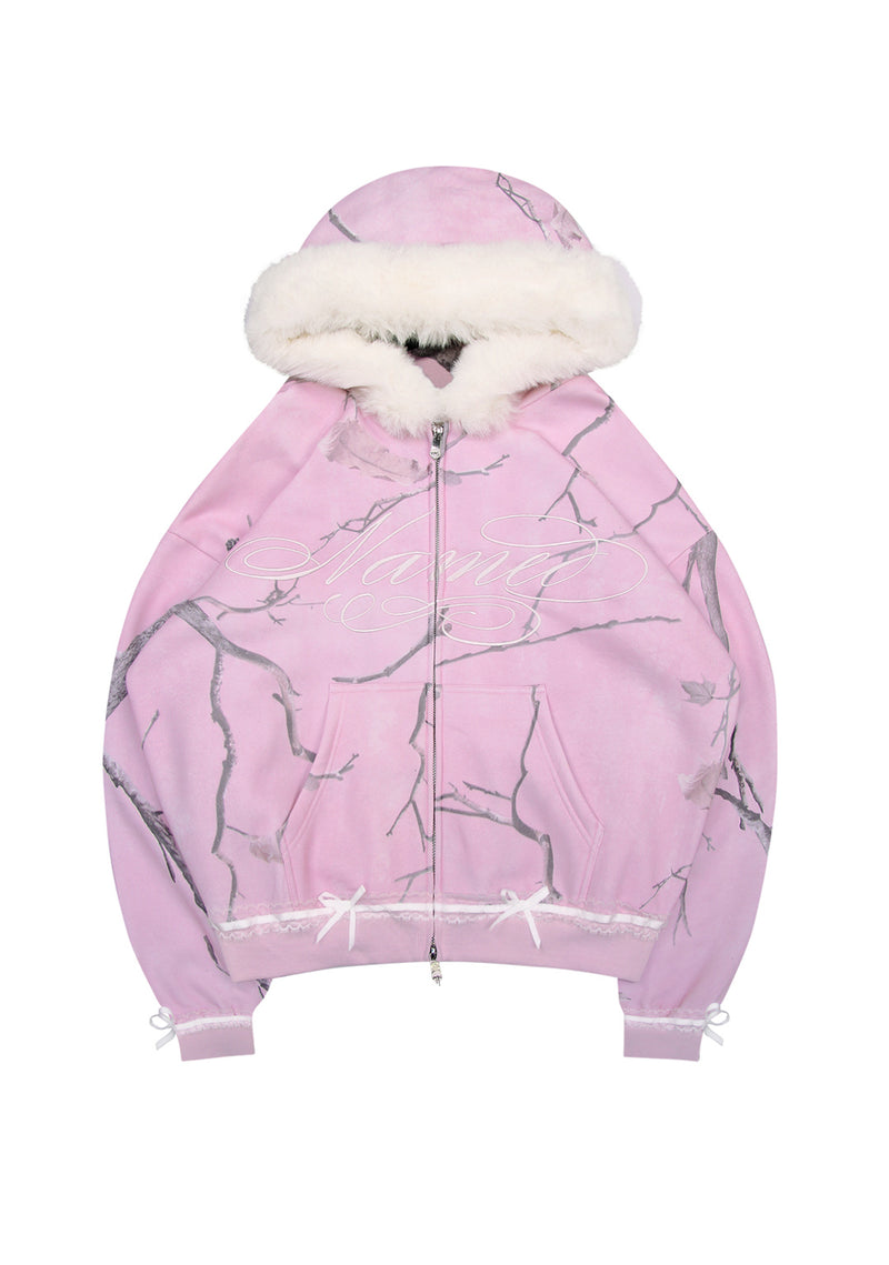 PREY FAUX FUR ZIP HOODIE PINK CAMO (DETACHABLE FUR)