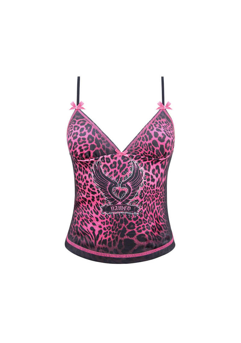 PRIMAL RHINESTONE FITTED CAMI TOP HOT PINK LEOPARD