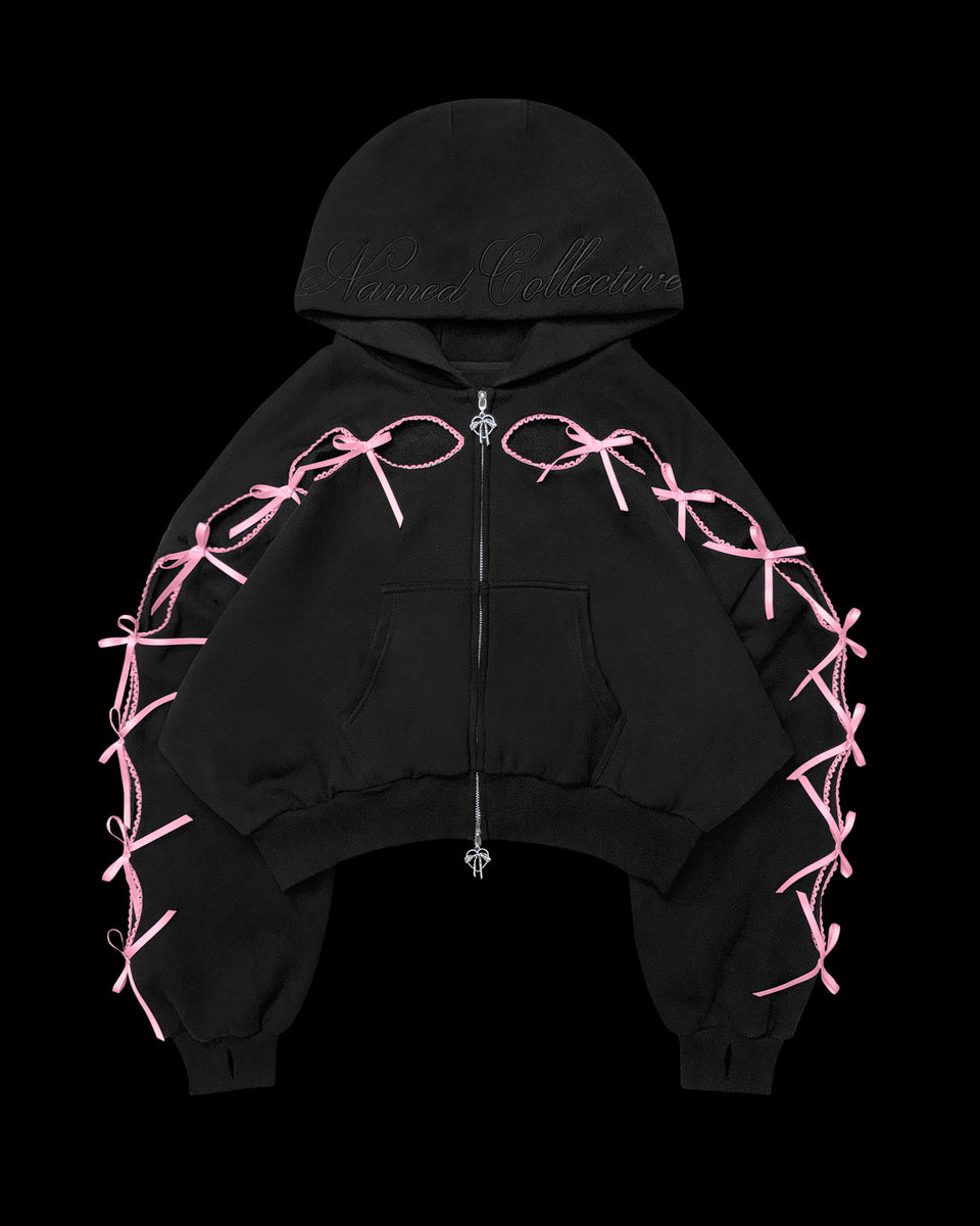 PRINC355 RIBBON CROP ZIP HOODIE BLACK