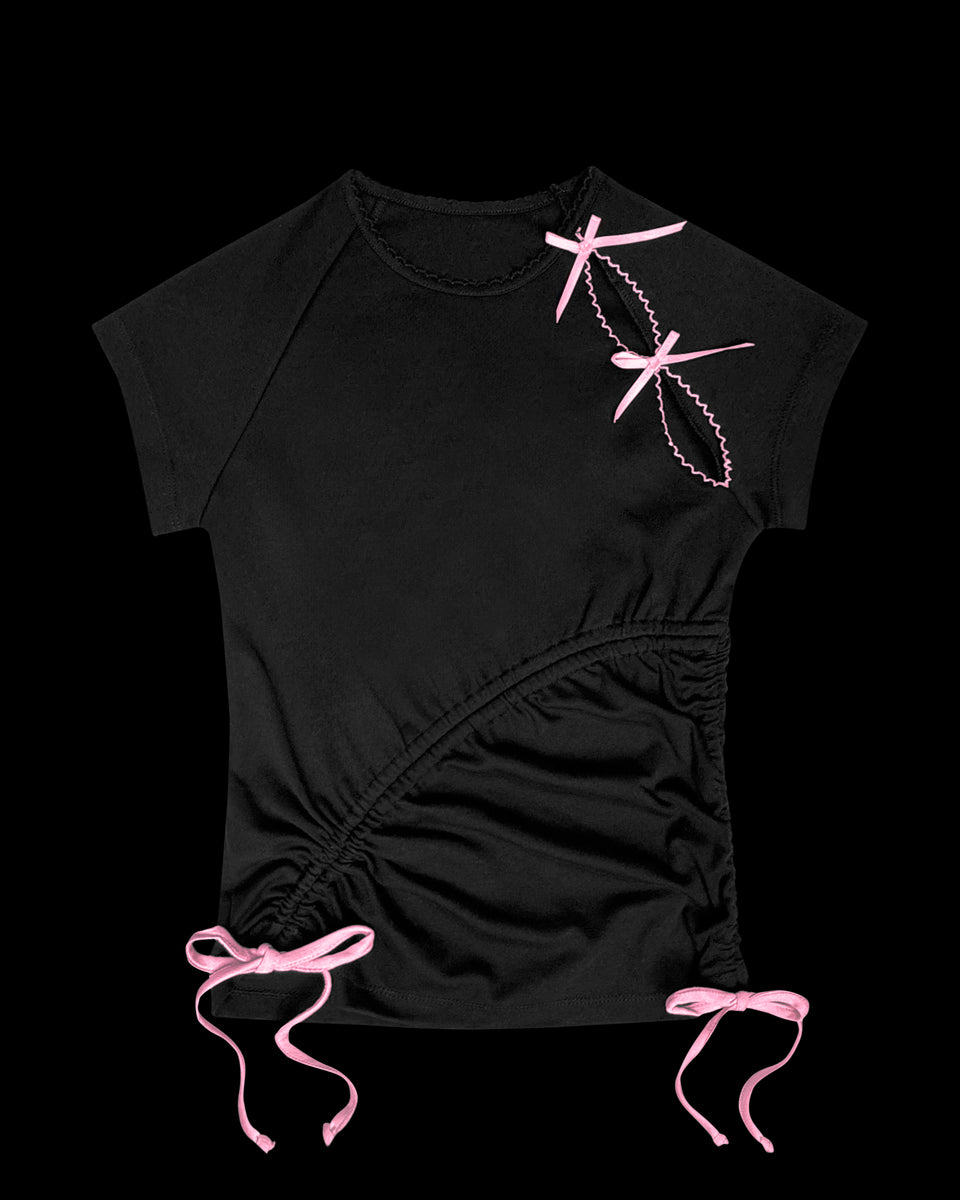 PRINC355 RIBBON RUCHED BABY TEE BLACK