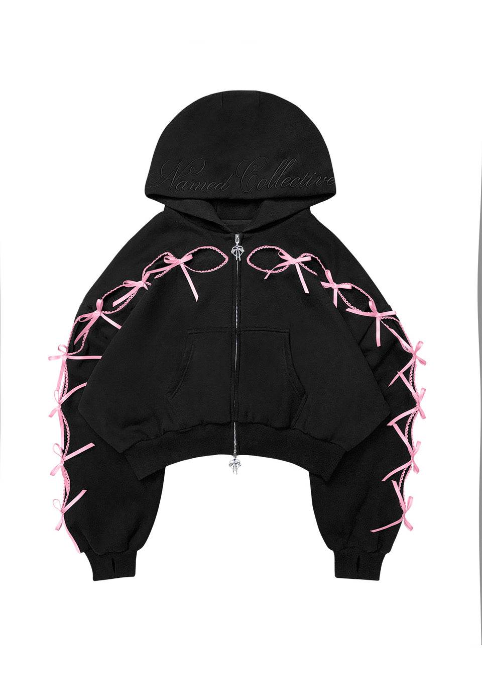 PRINC355 RIBBON CROP ZIP HOODIE BLACK