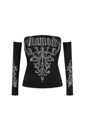 NOCTURNAL RHINESTONE THREE PIECE TUBE TOP SET BLACK (DETACHABLE SLEEVES)