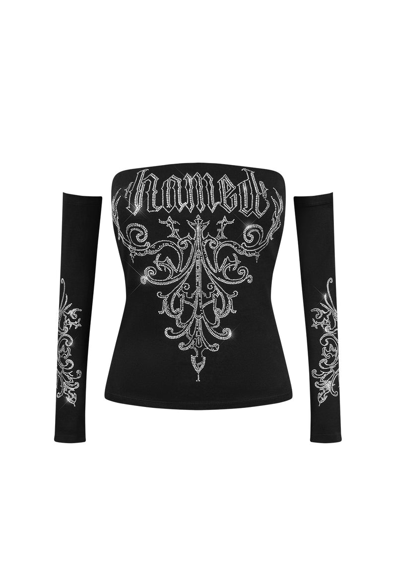 NOCTURNAL RHINESTONE THREE PIECE TUBE TOP SET BLACK (DETACHABLE SLEEVES)