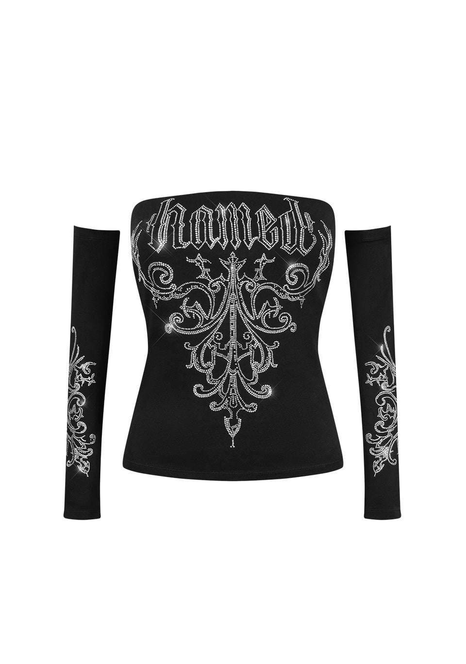 NOCTURNAL RHINESTONE THREE PIECE TUBE TOP SET BLACK (DETACHABLE SLEEVES)