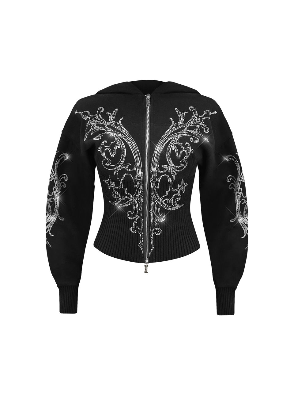 NOCTURNAL RHINESTONE FITTED WAIST ZIP HOODIE BLACK