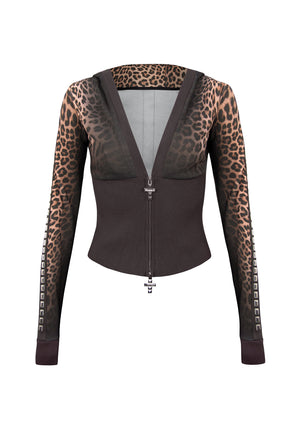 RUMOUR STUDDED FITTED ZIP HOODIE LEOPARD