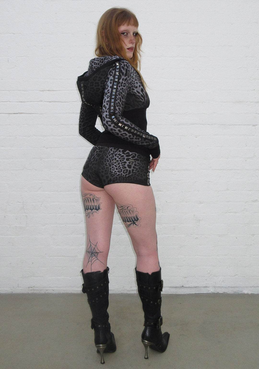RUMOUR STUDDED FITTED ZIP HOODIE GREY LEOPARD
