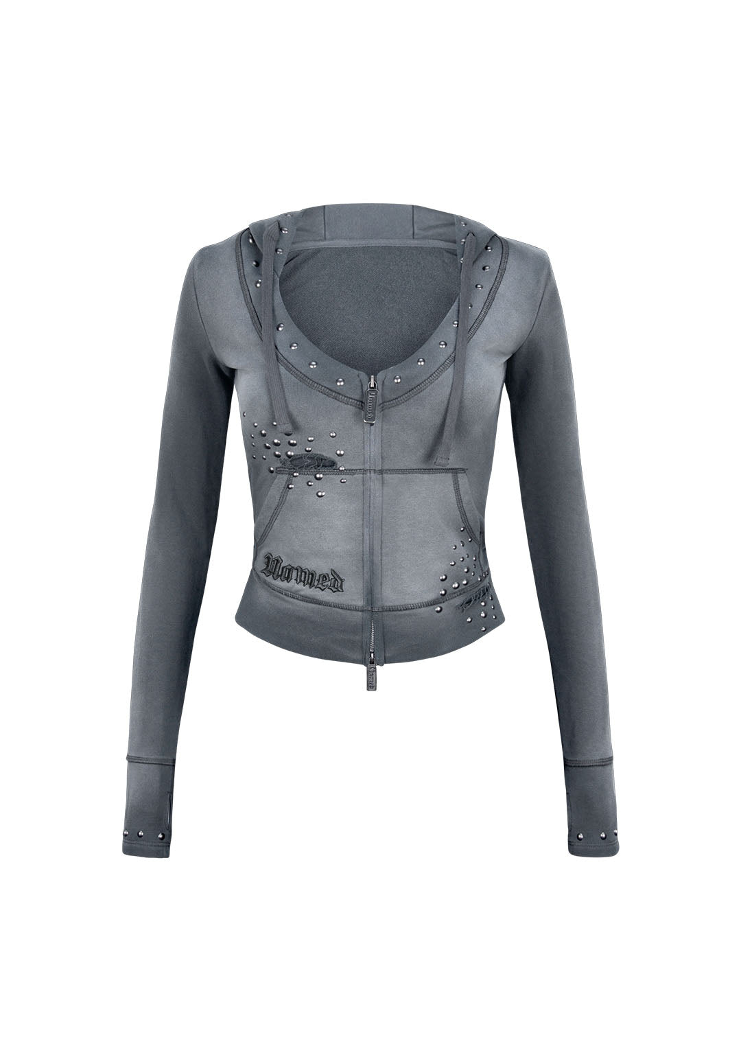 SHADOW STUDDED FITTED HOODIE WASHED GREY