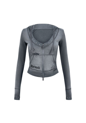 SHADOW STUDDED FITTED HOODIE WASHED GREY