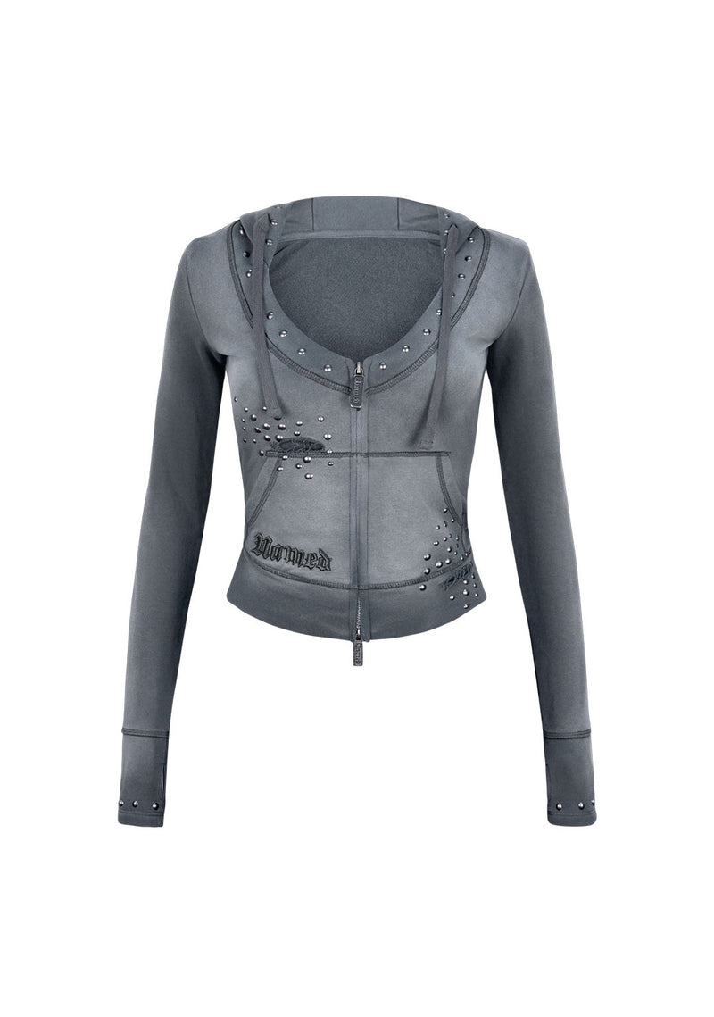 SHADOW STUDDED FITTED HOODIE WASHED GREY