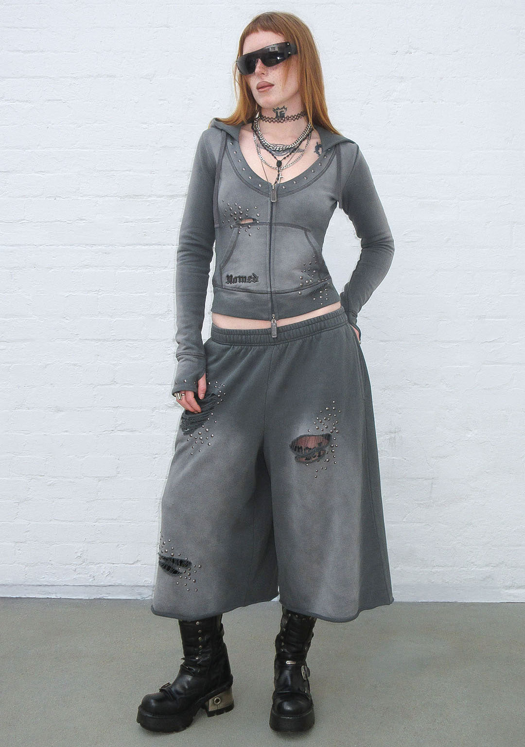 SHADOW STUDDED FITTED HOODIE WASHED GREY
