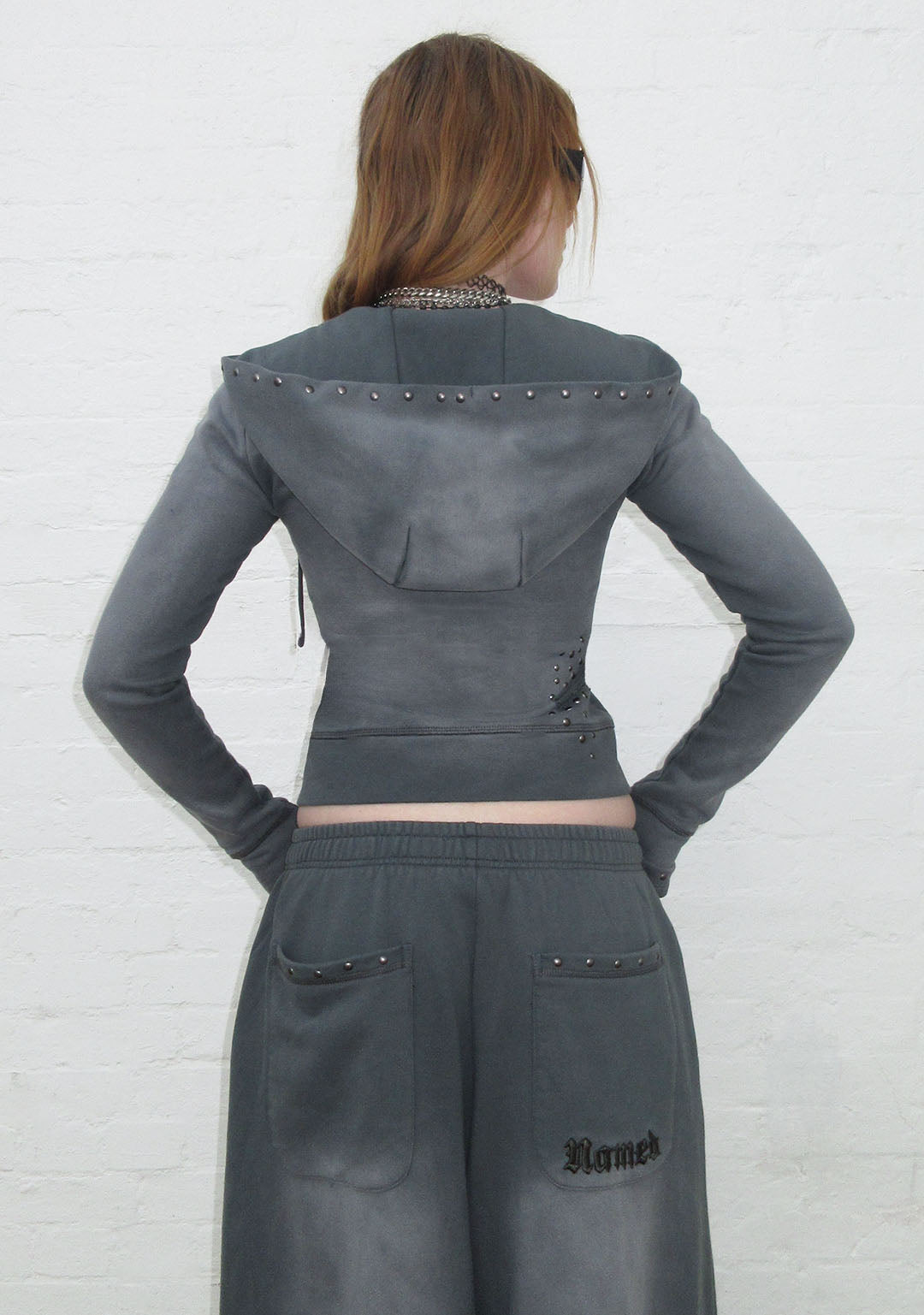 SHADOW STUDDED FITTED HOODIE WASHED GREY