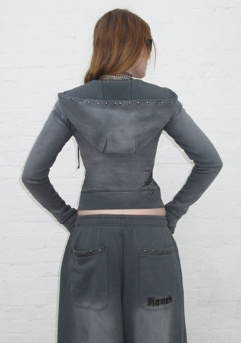 SHADOW STUDDED FITTED HOODIE WASHED GREY