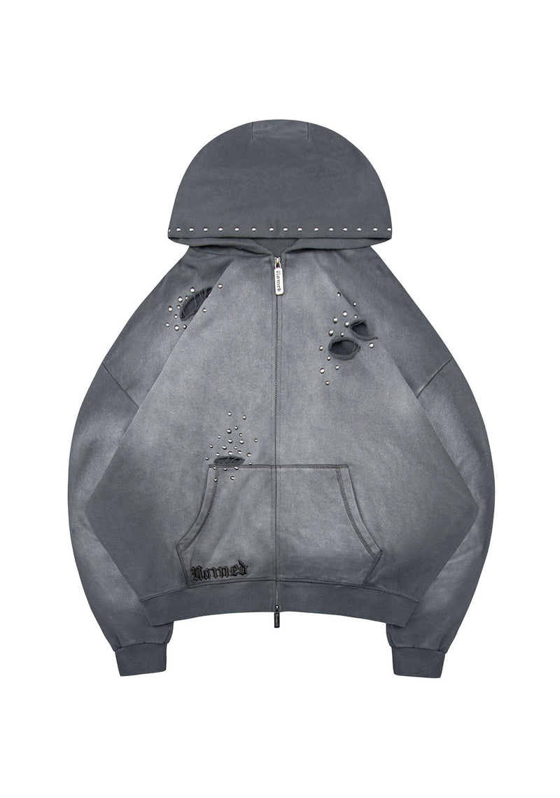 SHADOW STUDDED ZIP HOODIE WASHED GREY
