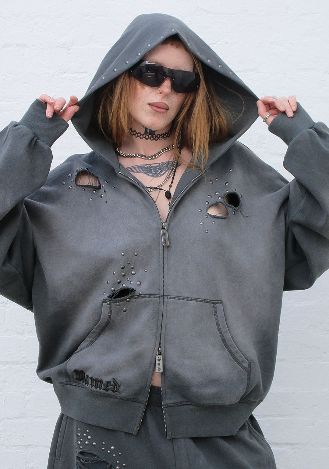SHADOW STUDDED ZIP HOODIE WASHED GREY
