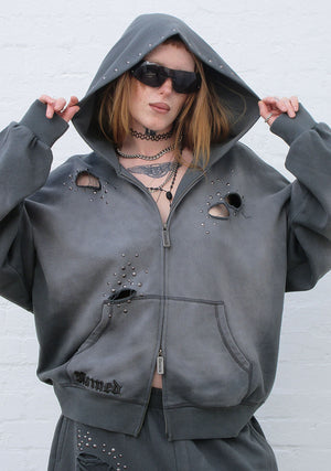 SHADOW STUDDED ZIP HOODIE WASHED GREY