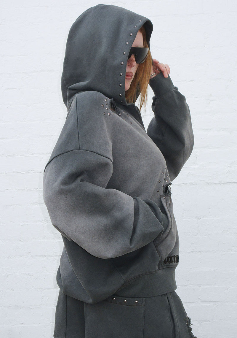 SHADOW STUDDED ZIP HOODIE WASHED GREY