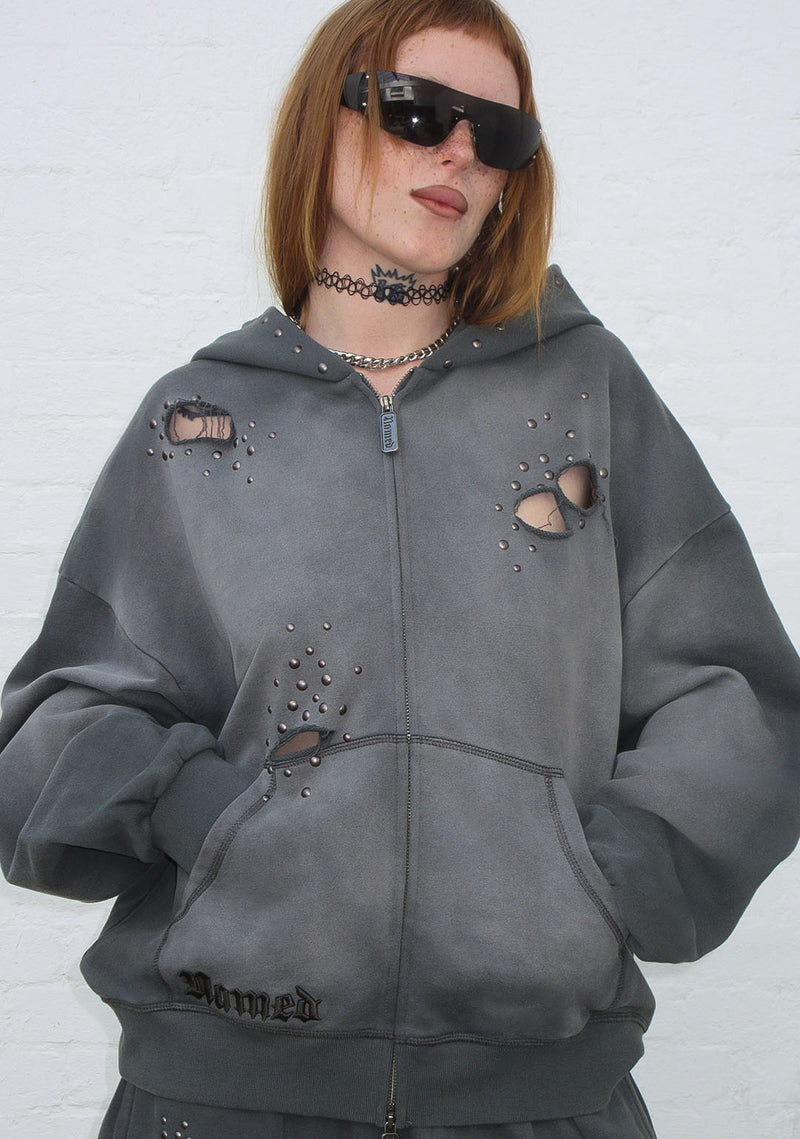 SHADOW STUDDED ZIP HOODIE WASHED GREY