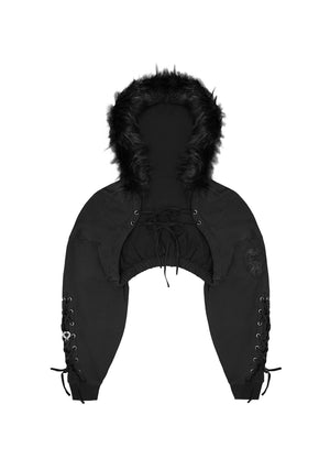 VENDETTA SUPER CROP HOODIE BLACK VINTAGE WASH (DETACHABLE FAUX FUR)