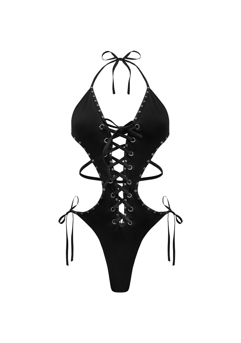 VENDETTA STUDDED LACE UP SWIMSUIT BLACK