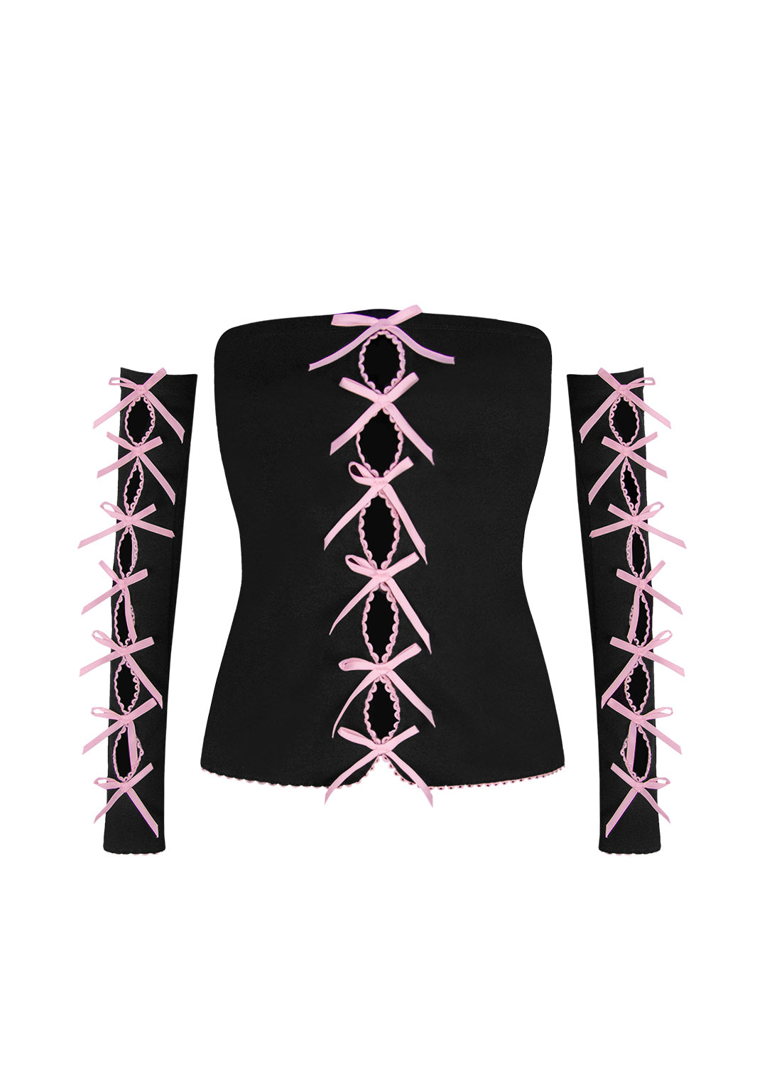 PRINC355 RIBBON THREE PIECE TUBE TOP SET BLACK (DETACHABLE SLEEVES)