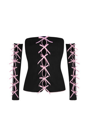 PRINC355 RIBBON THREE PIECE TUBE TOP SET BLACK (DETACHABLE SLEEVES)