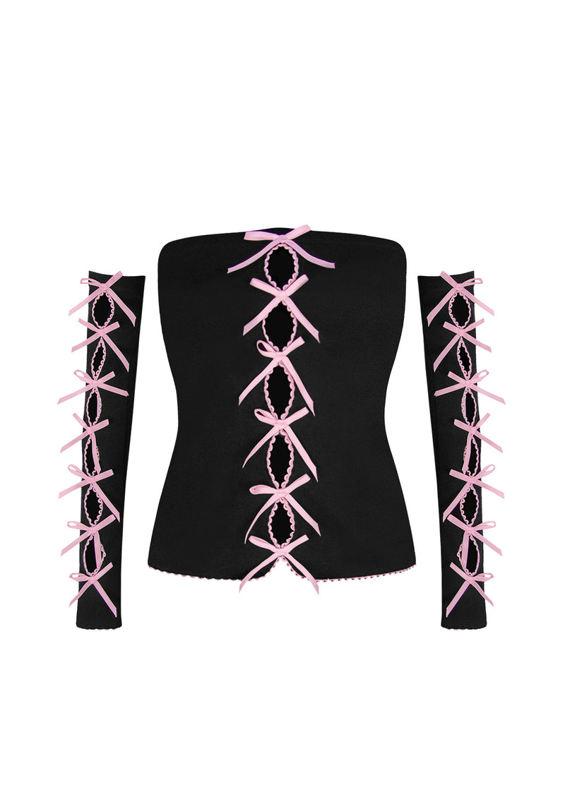 PRINC355 RIBBON THREE PIECE TUBE TOP SET BLACK (DETACHABLE SLEEVES)