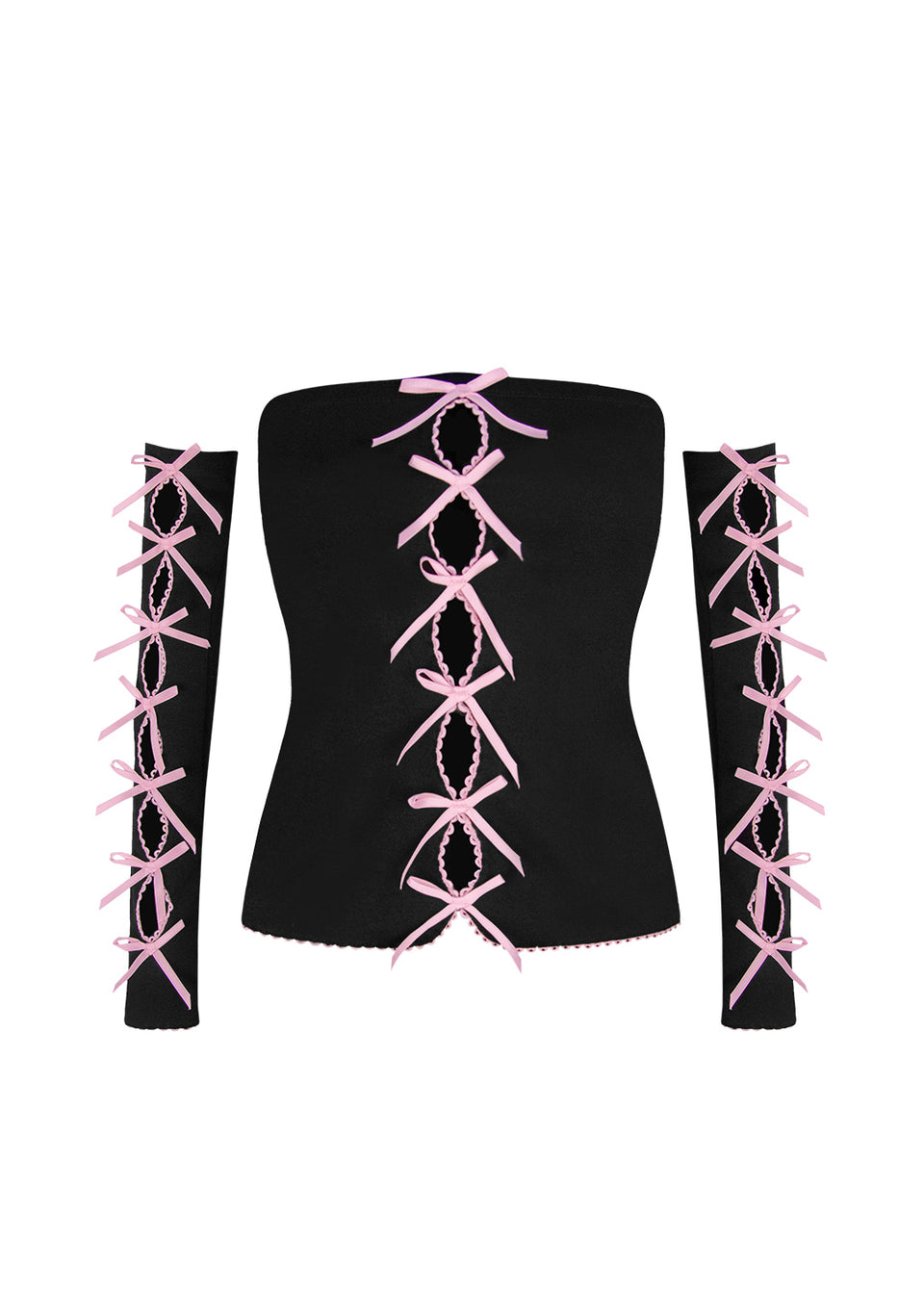 PRINC355 RIBBON THREE PIECE TUBE TOP SET BLACK (DETACHABLE SLEEVES)