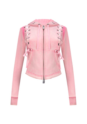 VENDETTA LACE UP FITTED ZIP HOODIE WASHED BABY PINK