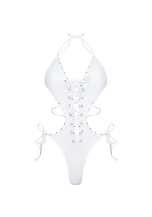 VENDETTA STUDDED LACE UP SWIMSUIT WHITE