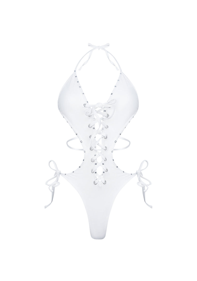 VENDETTA STUDDED LACE UP SWIMSUIT WHITE