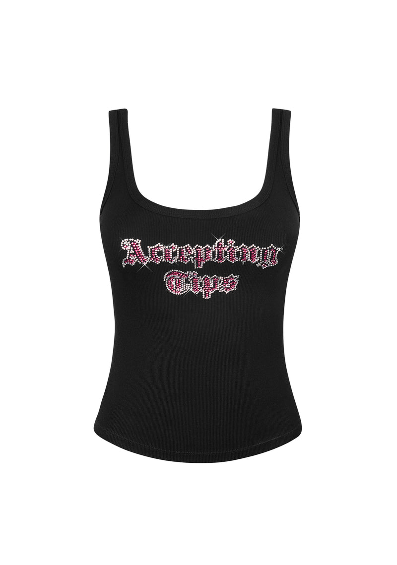 ACCEPTING TIPS RHINESTONE TANK TOP BLACK